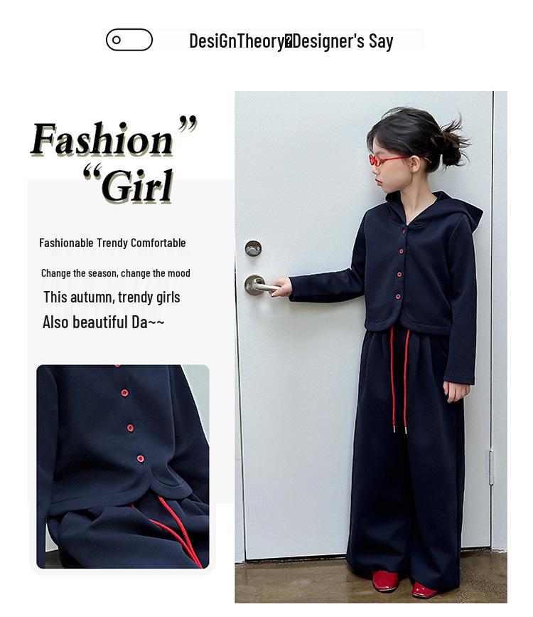 Marineblaues Herbst-Mode-Set für große Mädchen: Kapuzenjacke & Lässiges Zweiteiler-Outfit (Stil 2025)