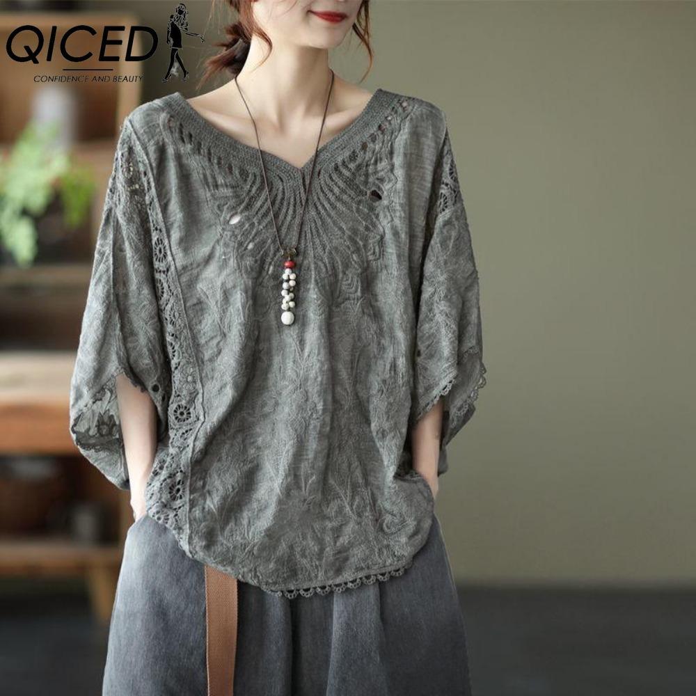 QICED Mote Dame Casual Ensfarget Trykk Kort Erm O-hals Bluser & Skjorter