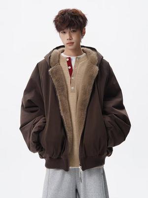 Men's Retro American Eagle Plush Hooded Jacket: Warm, Thick, Loose Fit Winter Cotton Coat