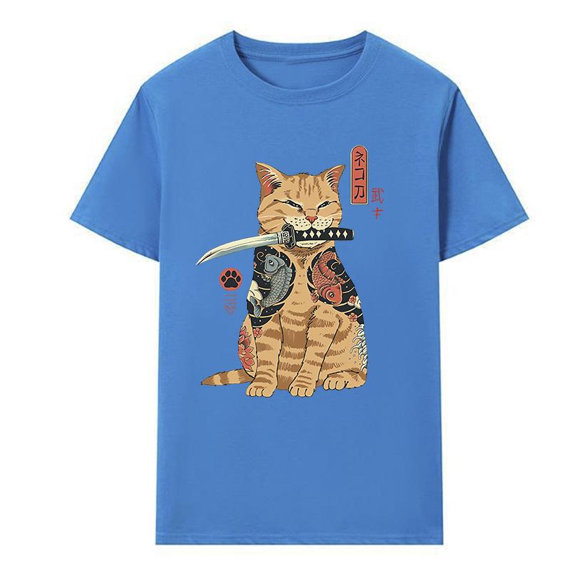 Funny Cotton Japanese Samurai Cat T Shirt Lover T Shirts Cat T-Shirts Retro Casual Short Sleeve Tshirt Unisex Women Clothes