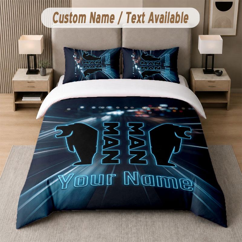 Set Biancheria da Letto Personalizzato Motivo Camion MAN, Stampa Nome Testo 1 Copripiumino più 2 Federe Tessili per la Casa