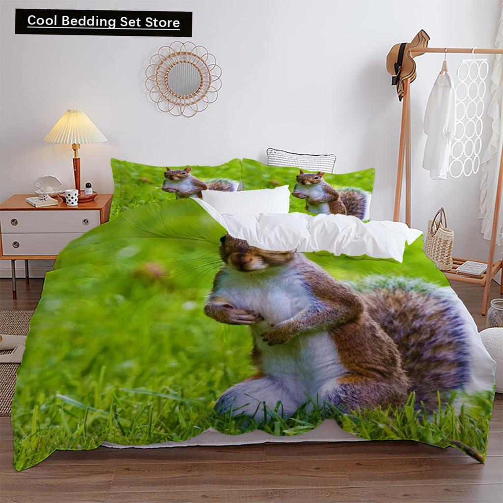 3D Squirrel King Queen Duvet Cover Soft Wildlife Green Leaves Bedding Set for Kids Teens Adults 2 3pcs