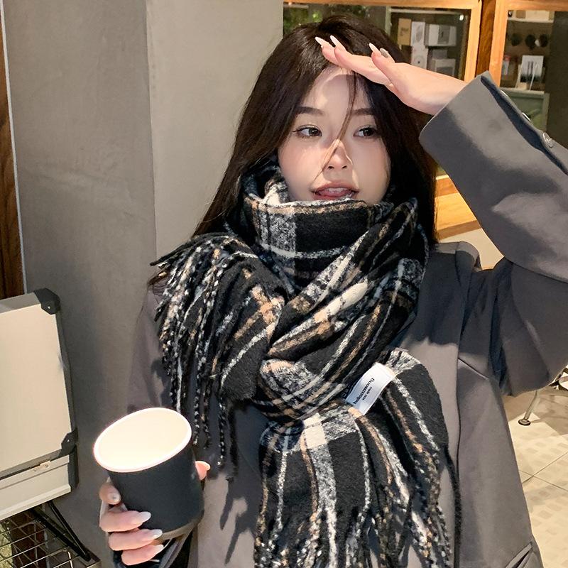New Korean Version Plaid Scarf Women's Winter Thickened Imitation Cashmere Shawl with Warm Scarf Versatile Student