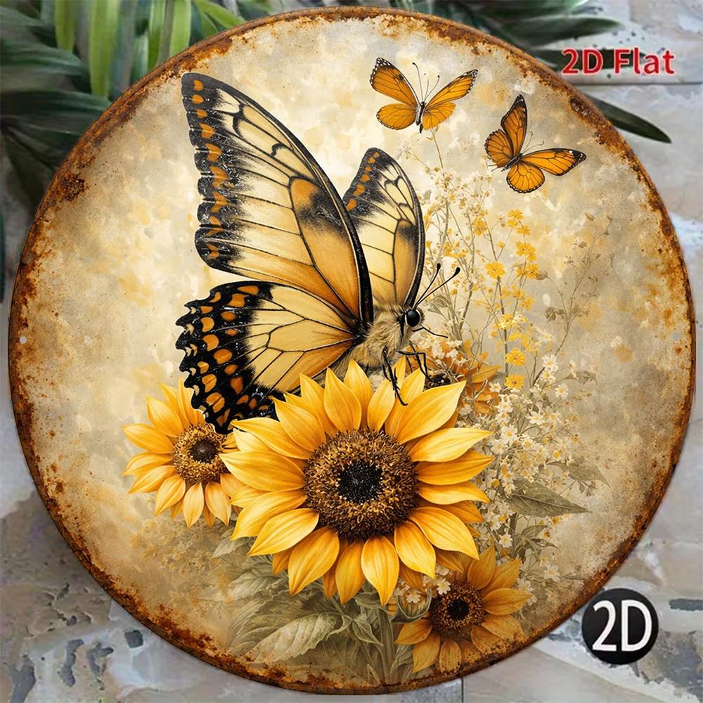 D Flat pc D Flat Round Wooden Sign Sunflower and Butterfly Vintage Wood Plaque Rustic Scenery Natural Flower and Insect