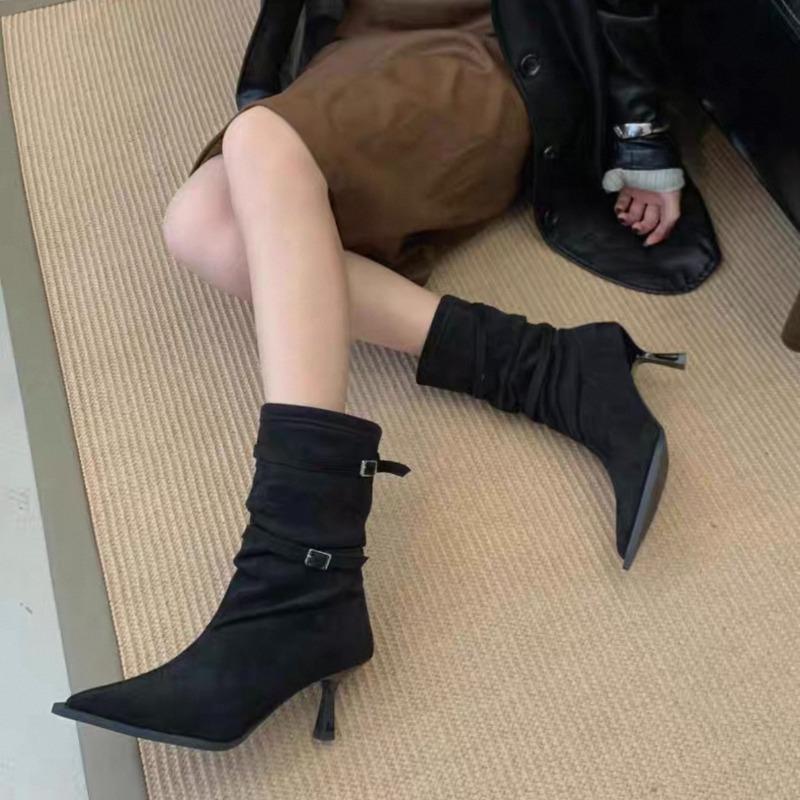 

2026 Fashion Slim Heel Single Boots Pointed Toe Suede Metal Buckle Anti-Slip Wear-Resistant High Heel Booties 39 чорний