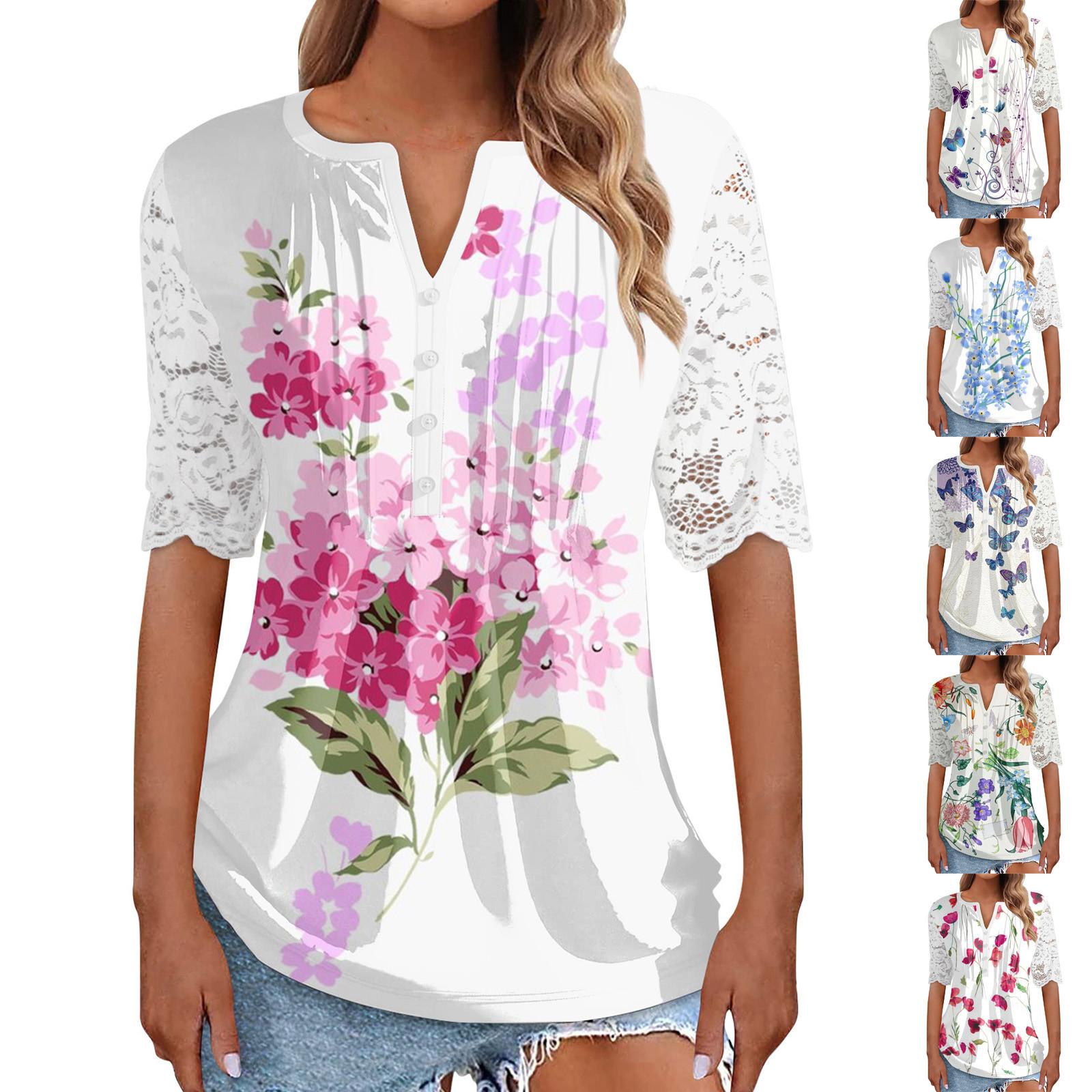

Summer Women Lace Ruffle Short Sleeve T-Shirt Top Casual Fashion Floral Print Tunic T-Shirt V Neck Comfortable Shirt Button Down Shirt Top