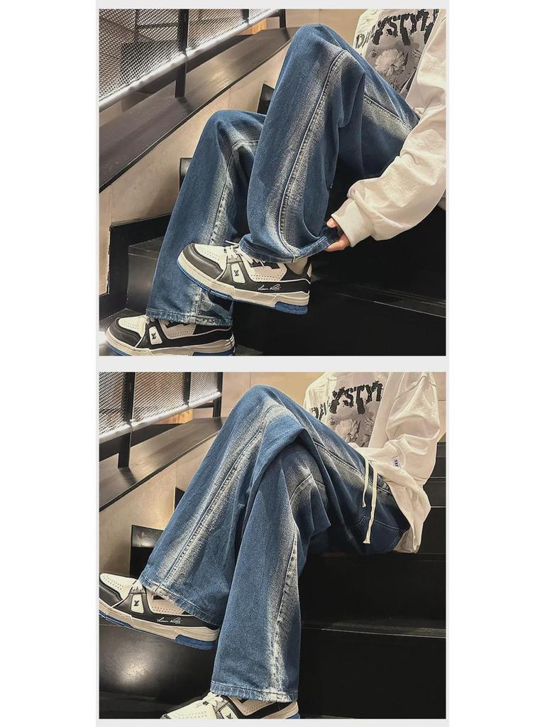 Męskie jesienno-zimowe koreańskie luźne jeansy casual z szerokimi nogawkami
