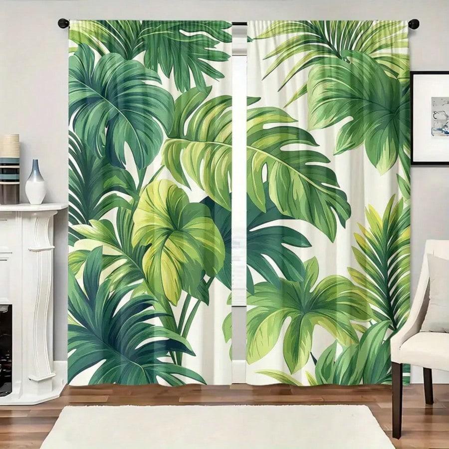 2 Pcs Polyester High Definition Digital Printed Green Leaves Pattern Sheer Curtains   Suitable For Bedroom   Living Room   Office