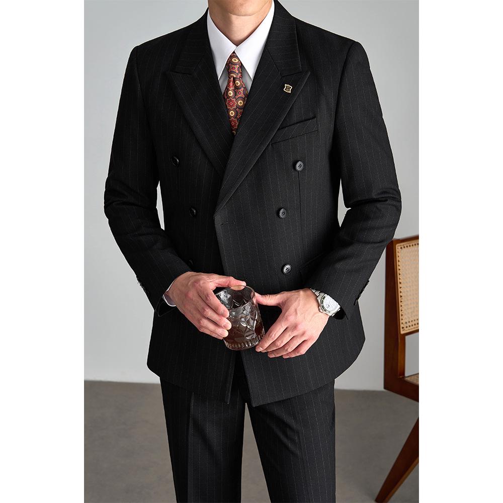 Men's Old Money Double-Breasted Striped Suit Set - Business Casual, High-End Professional Attire for Formal or Wedding Events