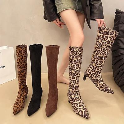 Fashion 2025 New Winter Women Stretch Modern Boots Fashion Leopard Print Shoes Ladies Sexy High Heel Long Booties