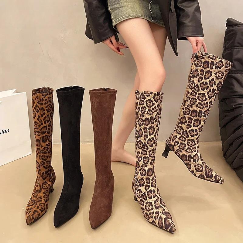 2025 New Winter Women Stretch Modern Boots Leopard Print Shoes Ladies Sexy High Heel Long Booties