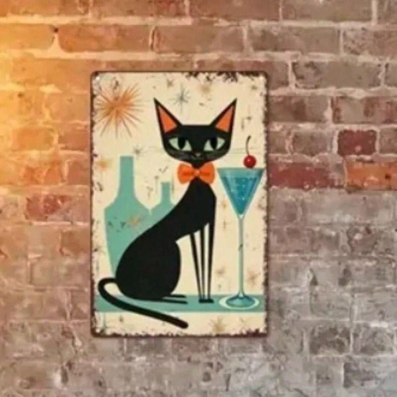 

Vintage Black Cat Martini Metal Wall Poster, Retro Bar Patina Sign