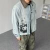 Mens Vintage Washed Workwear Jacket Loose Fit Turn-Down Collar Short Cut Casual Print Outerwear Fall