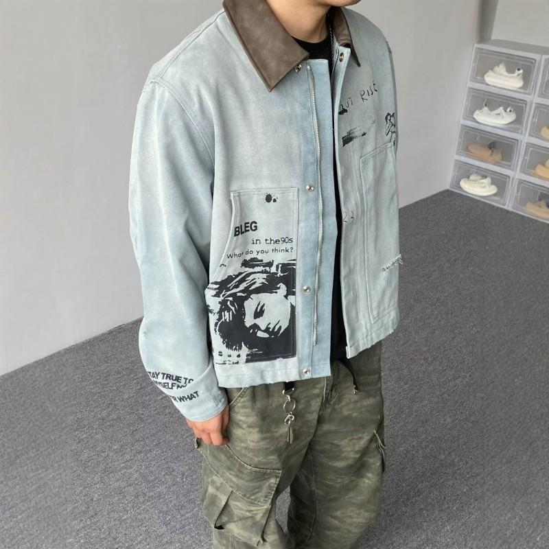 Mens Vintage Washed Workwear Jacket Loose Fit Turn-Down Collar Short Cut Casual Print Outerwear Fall