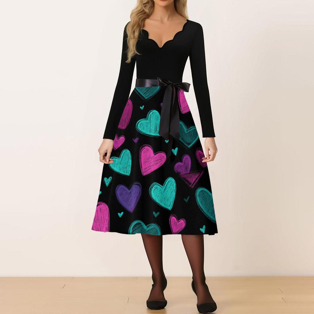Women's Casual Fashion V-neck Valentine's Day Print Retro Dress