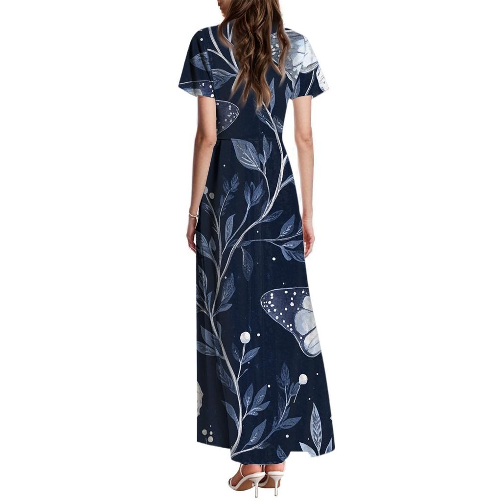 Women's Summer Casual Fashion Butterfly Print Dress V Neck Short Sleeve Dress
