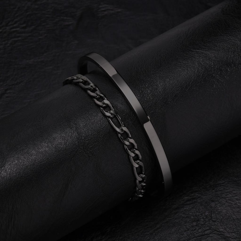 Men's 2pcs Set Simple Fashion Cuban Snake Link Chain Bracelet Stainless Steel Open Cuff Bangle Punk Hip Hop Jewelry Set Gifts