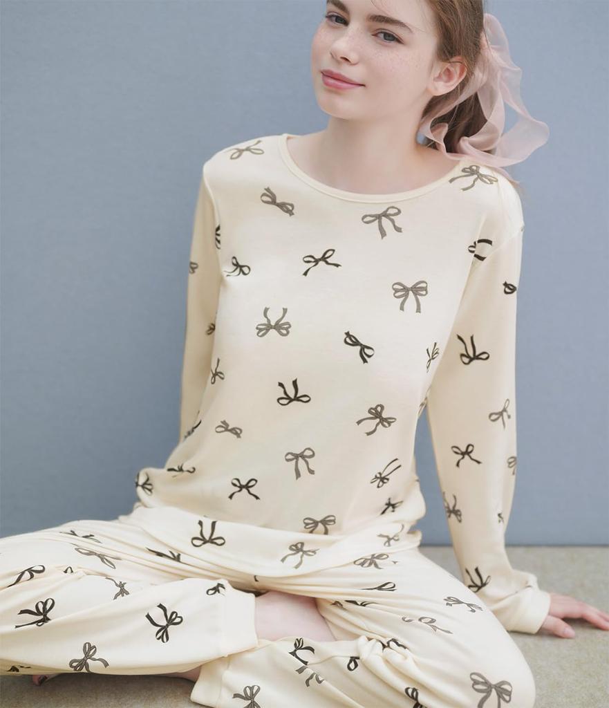 Peach John Winter One Made with a Soft and Comfortable Cotton Blend and a Ribbon Women's Pajamas, Black, Size, Print.