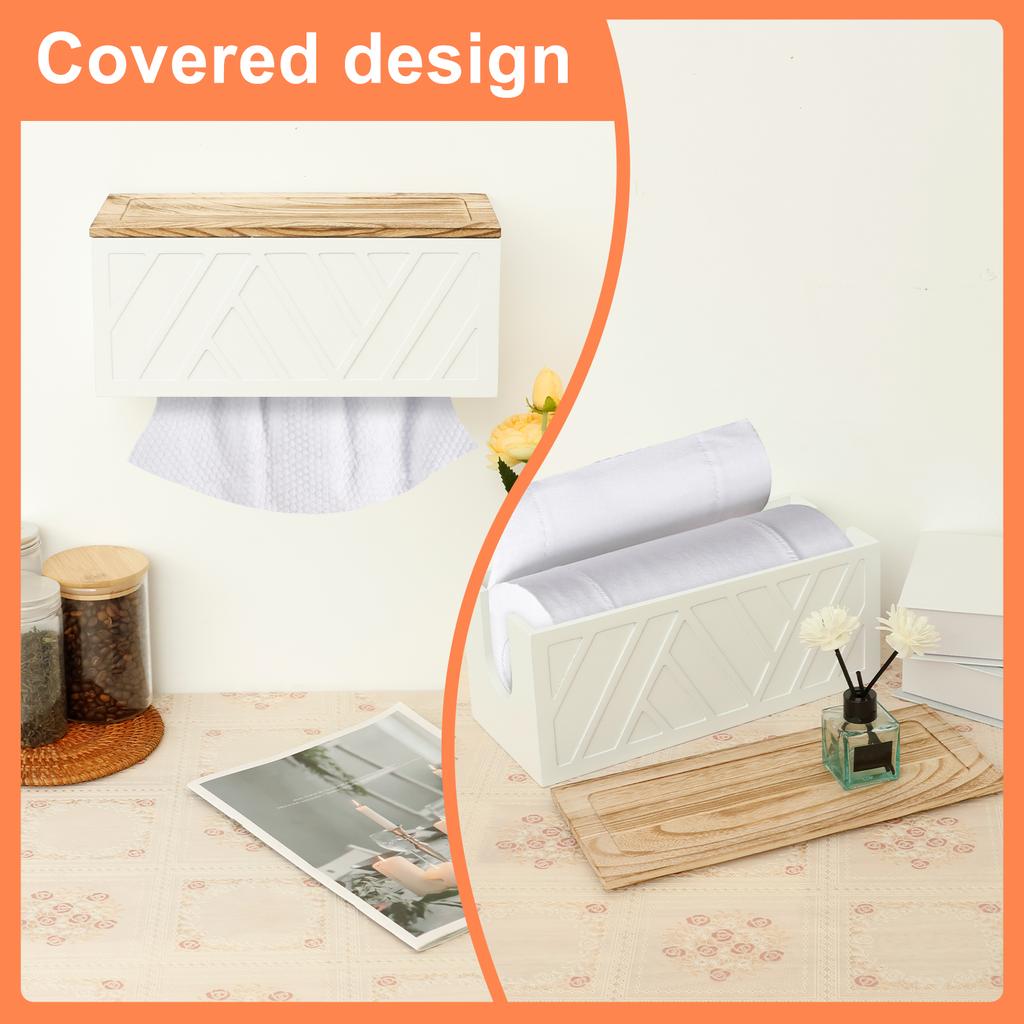 Wooden Paper Towel Holder Wall Mount, Bathroom Kitchen Organizer with Detachable Lid, Rustic Tissue Roll Dispenser