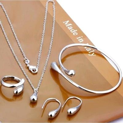 4-teiliges schlichtes Ring-Halsketten-Armband-Ohrring-Set Geeignet für Verlobungsschmuck Modisches Tropfenförmiges Schmuckset für Damen