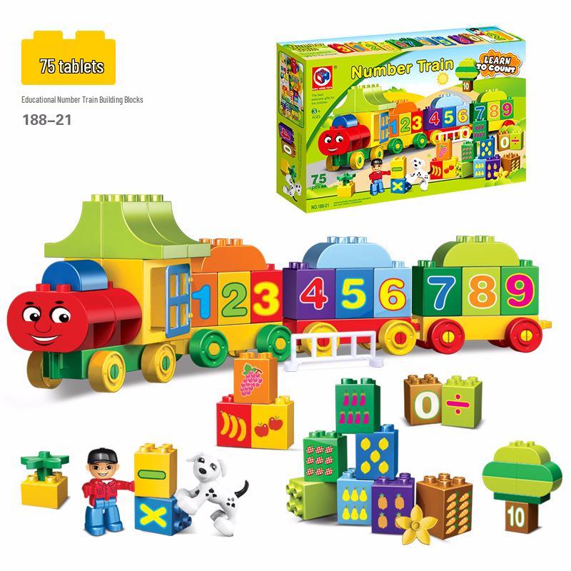 Blocuri Puzzle Tren cu Numere pentru Copii, 50 de Piese cu Găleată de Depozitare