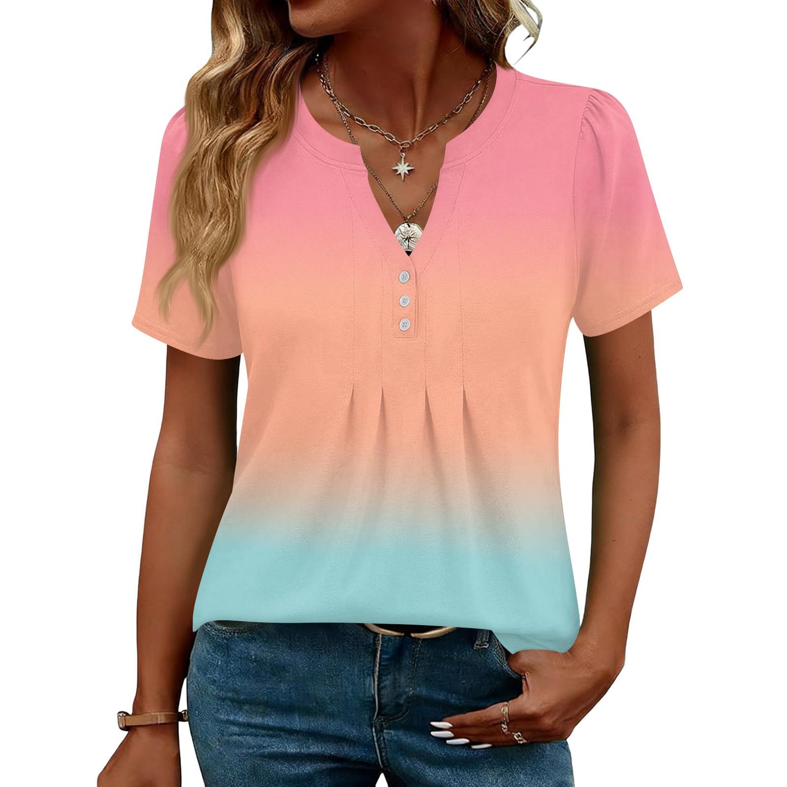 

Женские Топы Элегантные Повседневные Рубашки с V-образным вырезом и коротким рукавом Плиссированные Блузки Туника на пуговицах XXL розовый