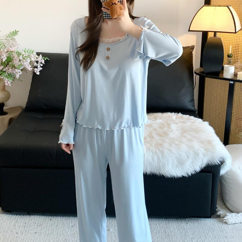 Modal Spring/Autumn Women's Pajama Set with Chest Pads, Lace Long Sleeve, Comfortable for Indoor/Outdoor Wear