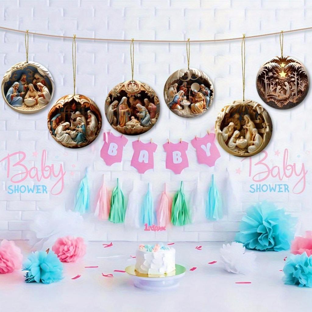 12 Pieces Easter Decor Religious Art for Winter Tree Wooden Ornament Wood Nativity Pendant Decor for Christmas