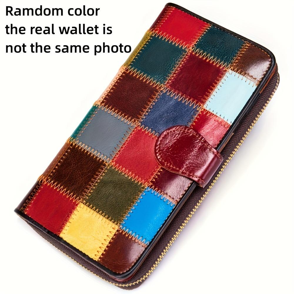 Genuine Leather Bifold Wallet, Vintage Colorblock Coin Purse, Retro Patch Work Credit Card Holder