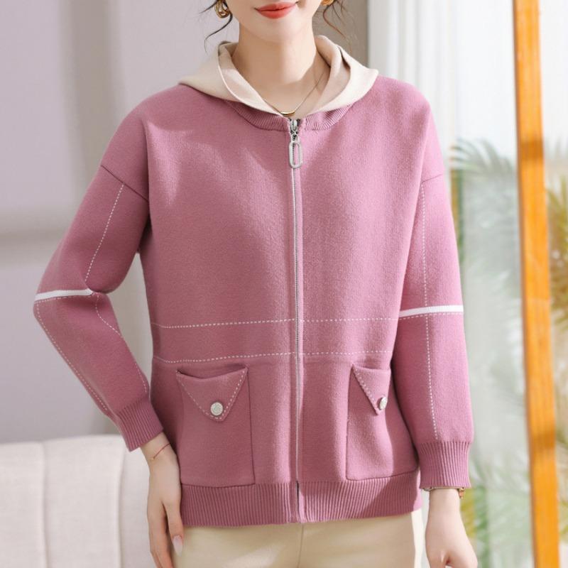 Autumn and Winter Mother's Hooded Jacket Age-reducing Loose Medium and Old Women's Knitted Sweater Women's Long Spring and Autumn Coat Top