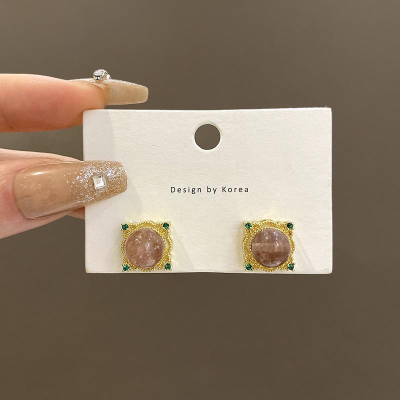 S925 silver needle retro court style strawberry crystal stud earrings women s personality square earrings medium ancient ears
