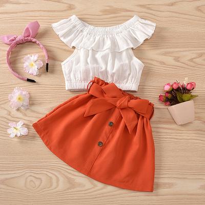 Toddler Baby Kids Girls Solid Ruffles Off Shoulder Tops Bow Skirt Set Clothes