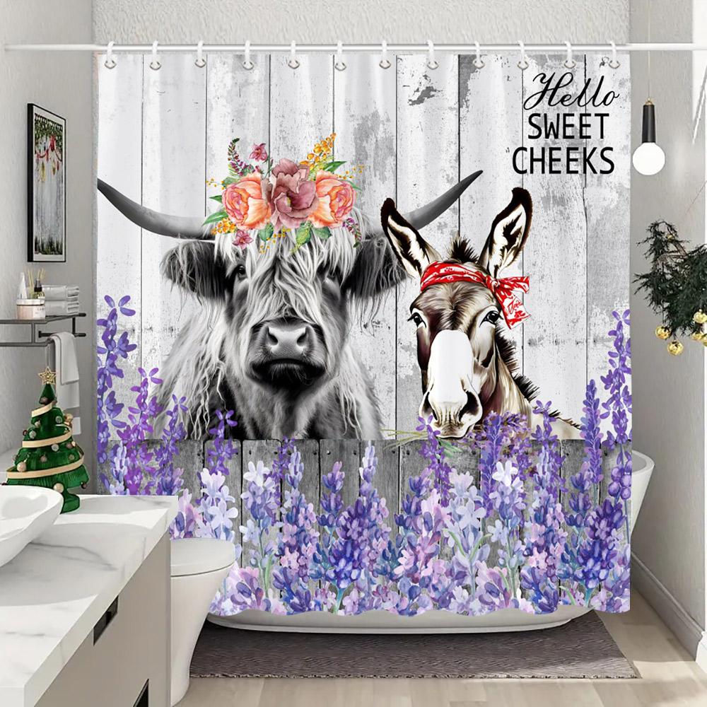 Funny Highland Cow In Bathtub Shower Curtain Green Plants Eucalyptus Leaves Sunflower Lavender Shower Curtains Bathroom Decor