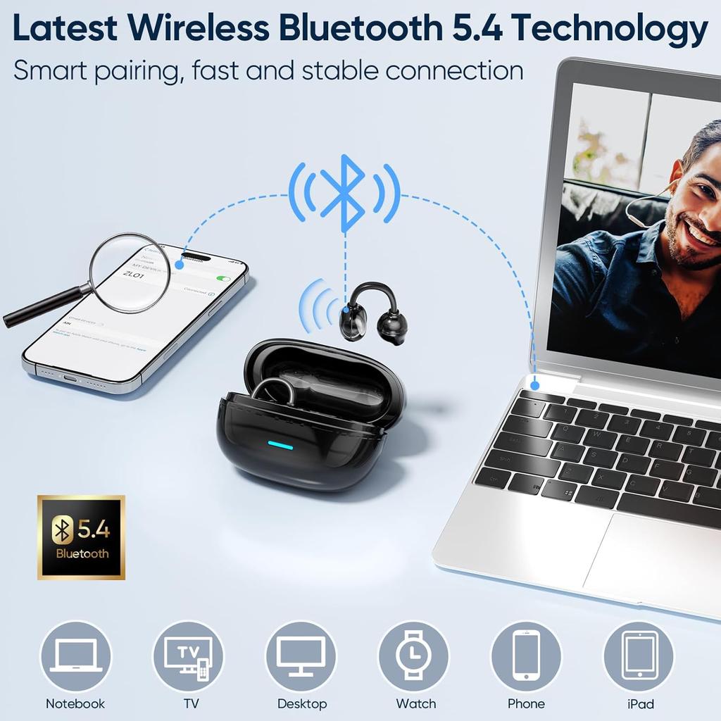 AI Clip on Earbuds Wireless Bluetooth 5.4 Earphones, Open Ear Headphones with Mic, 40H Play, Waterproof Design, 4g Ultra-Lightweight Sports Ear Clip