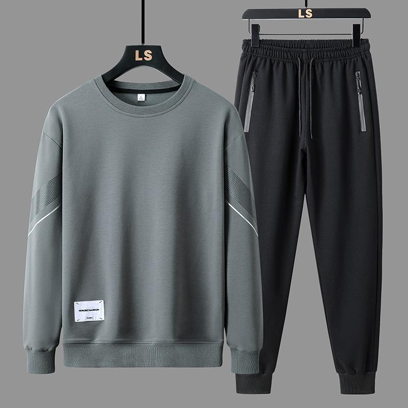 

Men s Pullover Round Neck Sweatshirt Long Sleeve Contrasting Color Top Elastic High Waist Fashionable Casual Trousers Suit L серый