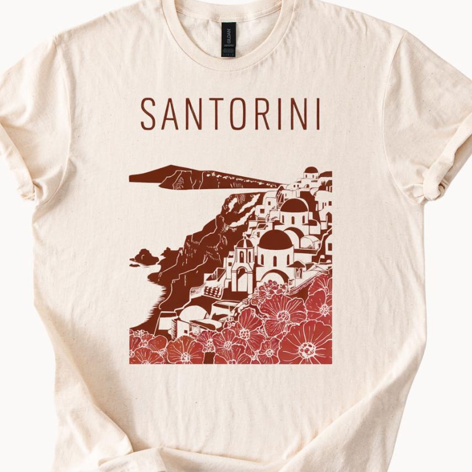 Santorini graphic t-shirt, Scenic Greek island shirt, Santorini travel souvenir tee, Greece vacation gift, Santorini illustration T-shirt 150