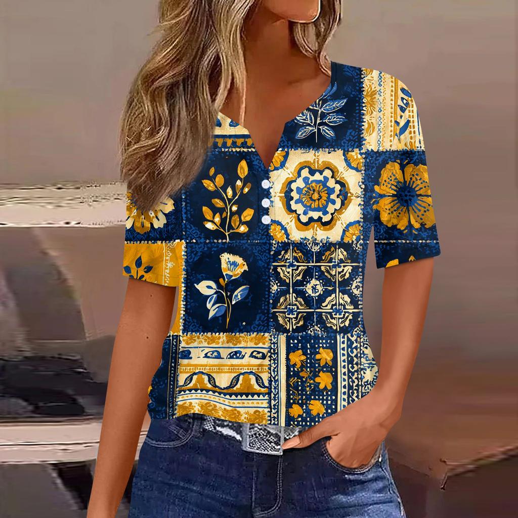 Women's Fashionable Casual Retro Print V-Neck Short Sleeve Decorative Button T-Shirt Top