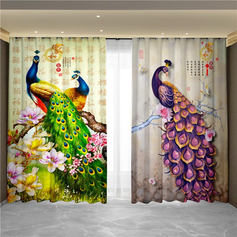 Nowy Chiński Styl Tuszowy Pejzaż Malarstwo Kwiatowe Paw Feniks Zasłona Okno od Podłogi do Sufitu Salon Tkanina Zaciemniająca Zasłona