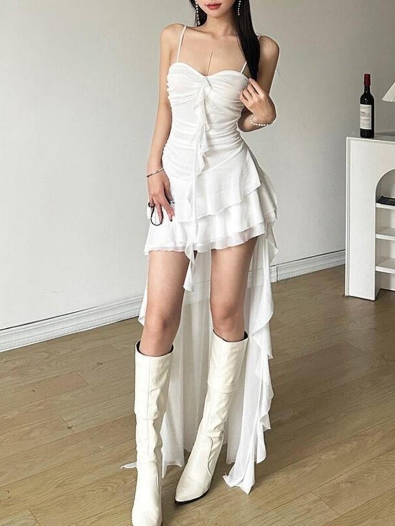 Xinjiang West Sichuan Qinggan Desert Wear Spice Girl Holiday Wind Red Lotus Leaf Edge Waist Trailing Suspender Dress Women