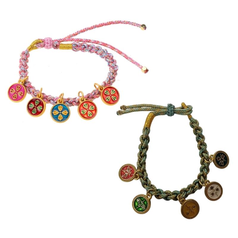 Handmade Tibetan Bracelet Colorful Five Way God of Wealth Bangle Adjustable Pulling Rope Wristchain for Women and Girls
