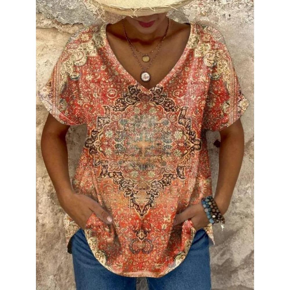 2025 ethnisches Damen-T-Shirt Retro-Grafik Mode Kurzarm V-Ausschnitt reguläre Bluse Druck Sommer und Frühling Freizeitbluse