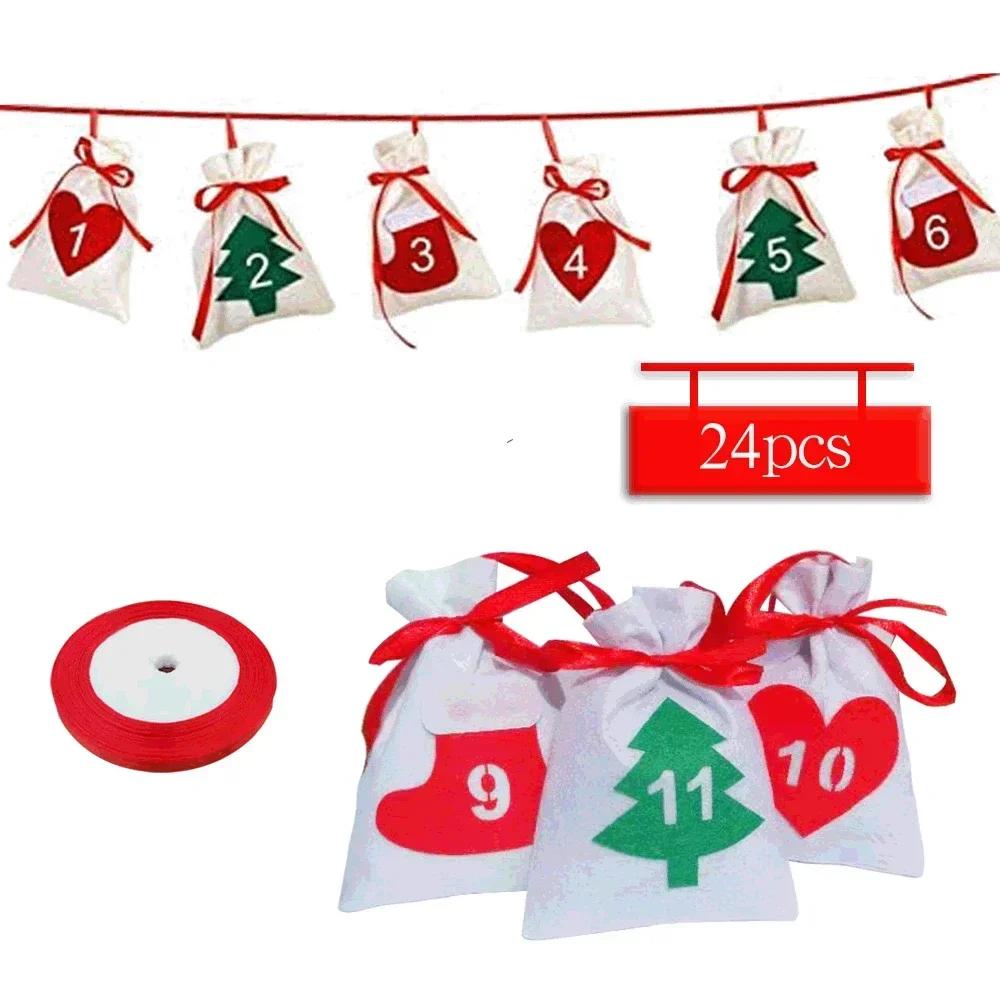 24 ST Festlig dragpåse Julparty presentpåse med numrerade etiketter Adventskalender i filt Nedräkningsdekoration