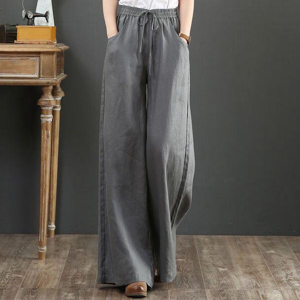 Artistic High-Waisted Women s Cotton Linen Floor-Length Wide-Leg Pants, Plus Size, Gray/Orange, Spring/Summer Medium серый