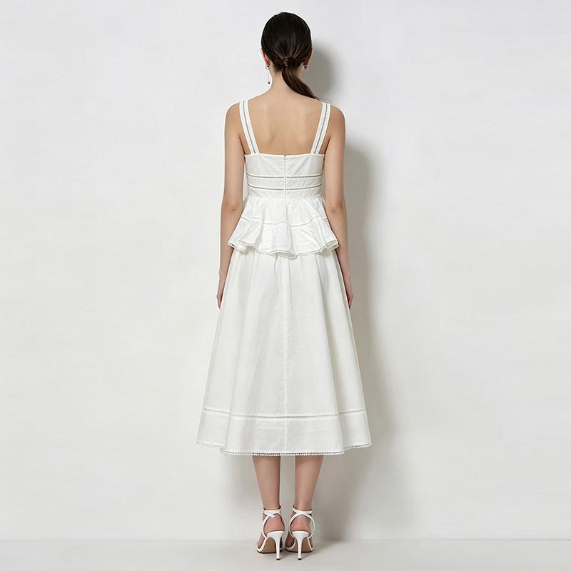 Summer White Sleeveless Spaghetti Strap Dress Women Vintage Button Down Ruffle A-Line Midi Dress Elegant Casual Beach Dress