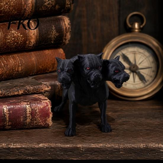 Fantasy Dog Figure 3D Printed Three-Headed Figurine, 3 Heads Black Sculpture, Red Eye Figurine Horror Mythical Animal Ornament for Home