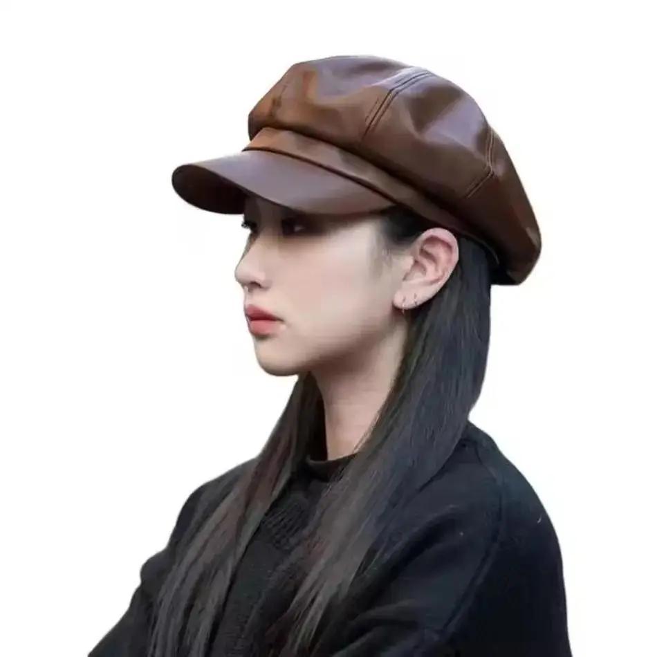 1 Pcs PU Little Beret Hat Outdoor Temperament Fashion Retro Octagonal Hat Style Net Red Trendy Cap