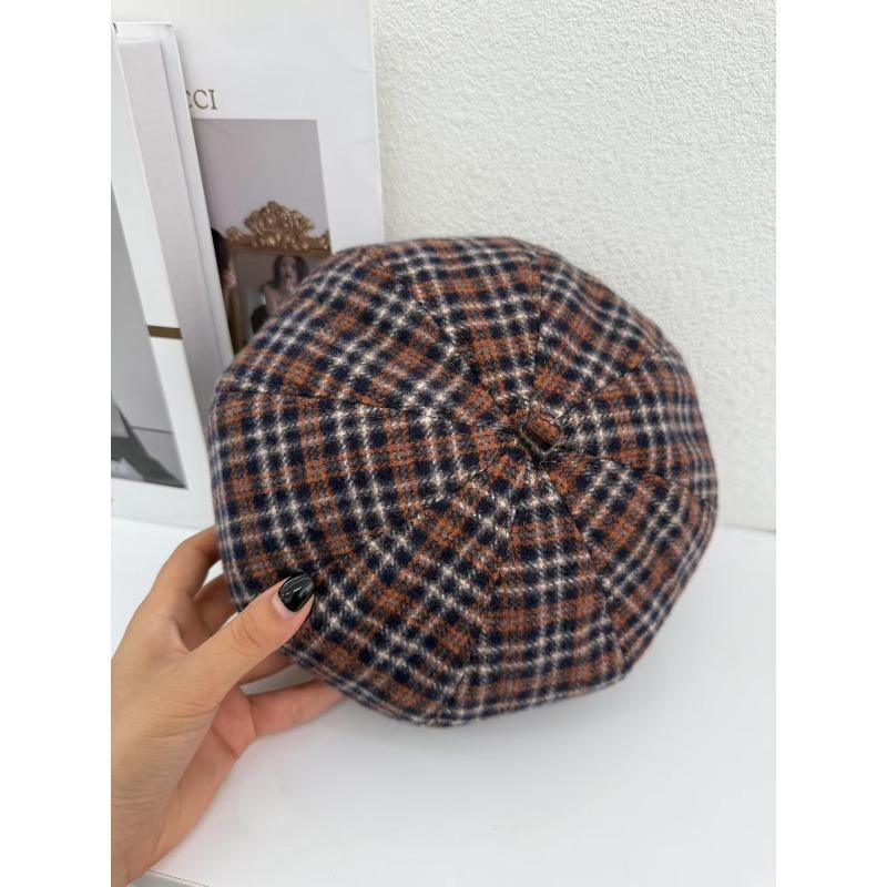 Classic plaid beret children autumn and winter casual versatile face small bud hat painter hat