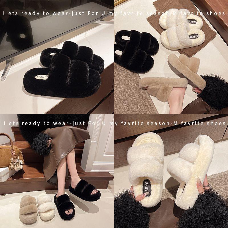 Retro Cotton Slippers One Word New Fluffy Slippers Women Wear Thick Bottom Fashion Fluffy Autumn and Winter 2025 Black