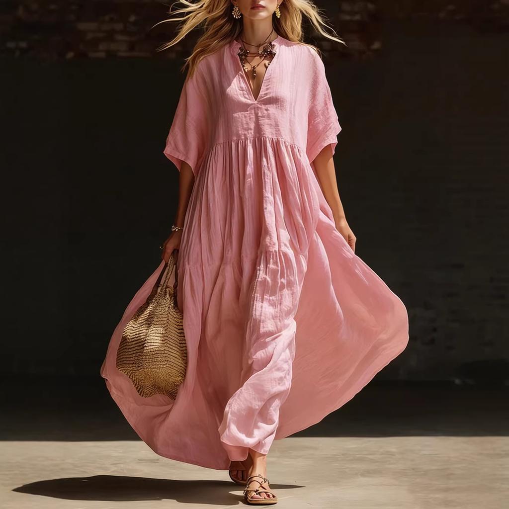 Abito Maxi Estivo da Donna a Manica Corta a Pipistrello, Scollo a V, Colore Unito, Ampio e Fluido, Casual, Lungo, per Vacanze, Spiaggia, Uso Quotidiano