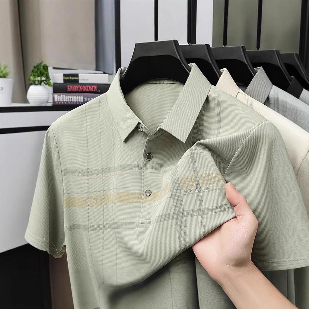 Summer Ice Silk Short Sleeved T-shirt Middle-aged Men's Lapel Top Base Shirt